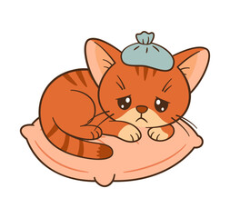 Sad and sick kitten with compress on the head. Cute ginger tabby with with fever. Chibi Flat style clean, simple design. Perfect for children’s content, greeting card, sticker, tshirts, mug, poster