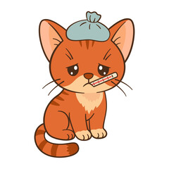Sad and sick kitten with thermometer and compress. Cute ginger tabby with sore paw. Chibi Flat style clean, simple design. Perfect for children’s content, greeting card, sticker, tshirts, mug, poster