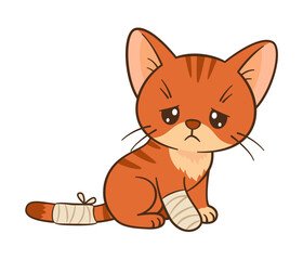 Sad cartoon kitten sits with bandaged paw and tail. Cute ginger tabby with sore paw. Chibi Flat style clean, simple design. Perfect for children’s content, greeting card, sticker, tshirts, mug, poster