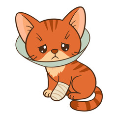 Sad cartoon kitten sits with a bandaged paw. Cute ginger tabby with sore paw in Chibi Flat style clean, simple design. Perfect for children’s content, greeting cards, stickers, tshirts, mug and poster