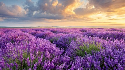 Fototapeta premium A field filled with numerous purple blooms beneath a cloudy sky, with a sun peeking through the clouds in the background