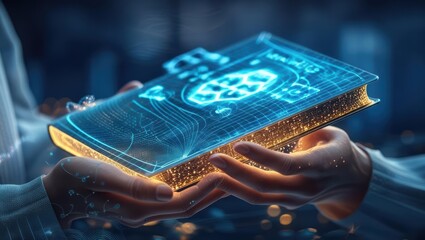 Person Holding Digital Book Representing Futuristic Technology And Knowledge Concept.	
