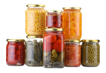 Many jars with different pickled products isolated on white