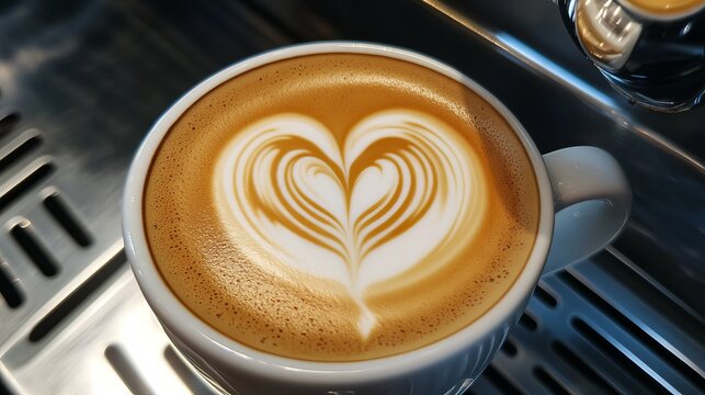 Delicious latte art coffee drink heart shaped foam perfect beverage hot cup cafe milk food cozy warm - Powered by Adobe
