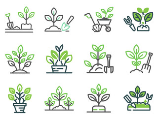 Gardening and Plant Care Icon Set for Landscaping Websites, Horticultural Apps, Urban Farming Blogs, DIY Garden Projects and Botanical Educational Materials