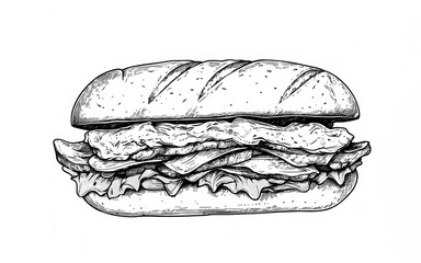 .Philly cheesesteak sandwich isolated on white background. Black and white simple hand drawn doodle.