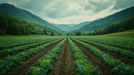 Rows of cabbage plants in a valley, stretching to the mountains