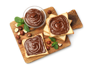 Toasts with chocolate hazelnut spread, nuts and mint isolated on white, top view