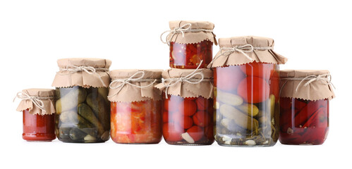 Many jars with different pickled products isolated on white
