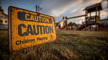 Fototapeta premium Caution Sign in a Playful Setting Children Playing Safety Notice Outdoor Recreation Area