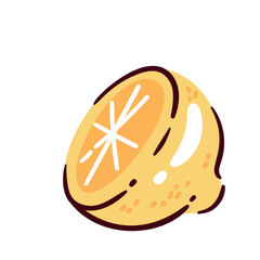 Cartoon doodle style lemon slice in yellow and orange shades. Vector illustration of fresh lemon for natural cleaning, kitchen or eco hygiene design.