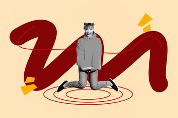 Picture collage of person levitate on orange color background with geometry lines