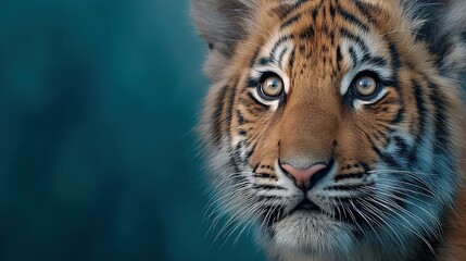 Fototapeta premium A clear-up of a tiger's face with a blurred background and a blue sky behind