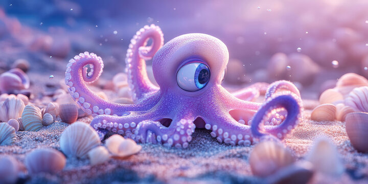 Adorable Purple Octopus on a Seashell Beach at Sunset