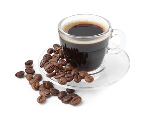 Aromatic coffee in cup and beans isolated on white