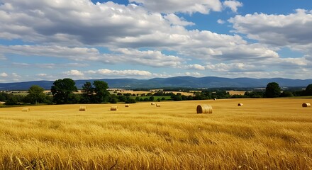Golden Wheat Field Under Cloudy Sky in Summer
