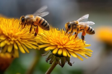 Two honeybees collecting nectar from a vibrant yellow dandelion flower in a natural outdoor setting, showcasing pollination