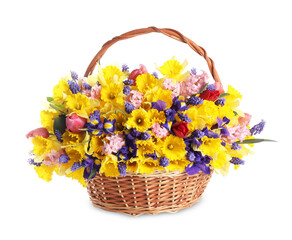 Beautiful colorful flowers in basket isolated on white