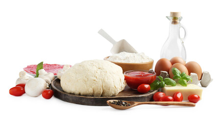 Making pizza. Different ingredients isolated on white