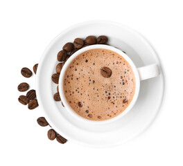 Aromatic coffee in cup, beans and saucer isolated on white, top view