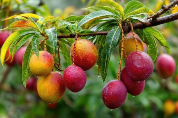 Obraz premium Wet Mango Fruit Hanging on Tree Branch in Tropical Orchard, Green Leaves with Droplets, Harvest Season
