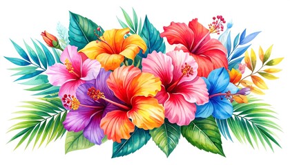 Vibrant Watercolor Hibiscus & Tropical Leaves