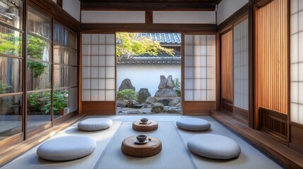 Tranquil japanese interior space with garden view.