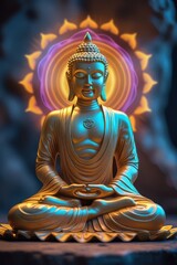 Obraz premium Mystical blue and gold Buddha seated in cosmic meditation with radiant halo glow