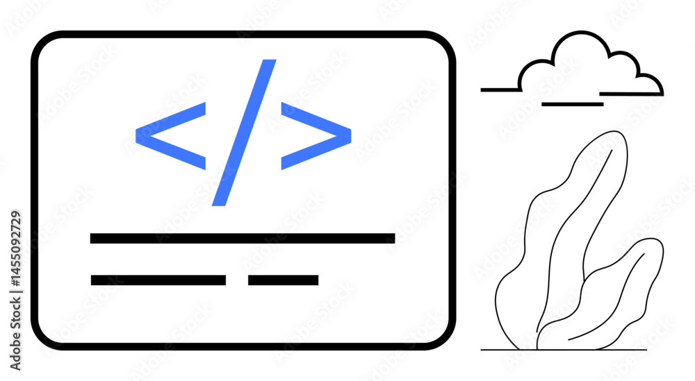 Wall mural coding panel with symbols, text lines, cloud illustration, and abstract plant. ideal for coding, sof