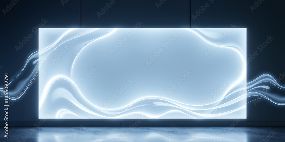 Poster a glowing rectangular frame with wavy patterns on a dark background with smooth reflections