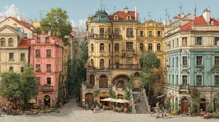 Fototapeta premium Charming European Square with Colorful Architecture and Cobblestone Streets
