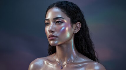 Luminous digital portrait of serene woman with iridescent oil-slick skin