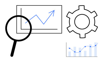 Magnifying glass, chart with growth line, gear, and bar graph emphasize data analysis, optimization, and progress. Ideal for research, business growth, efficiency technology planning strategies