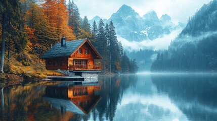 Fototapeta premium Autumn cabin by a serene lake, nestled amongst majestic mountains