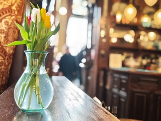 Bright tulips in a charming vase create a warm atmosphere in a cozy cafe on a sunny afternoon