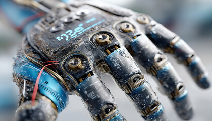 Aged blue robotic hand covered in dirt and water showing exposed circuits in detailed view, Generated with AI