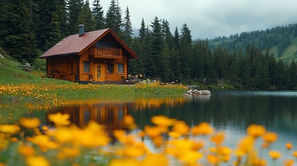 Obraz premium Rustic wooden cabin nestled by a serene mountain lake, surrounded by wildflowers