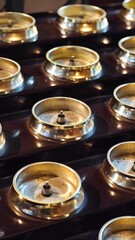 Vintage brass bells arranged in a row on a wooden surface  