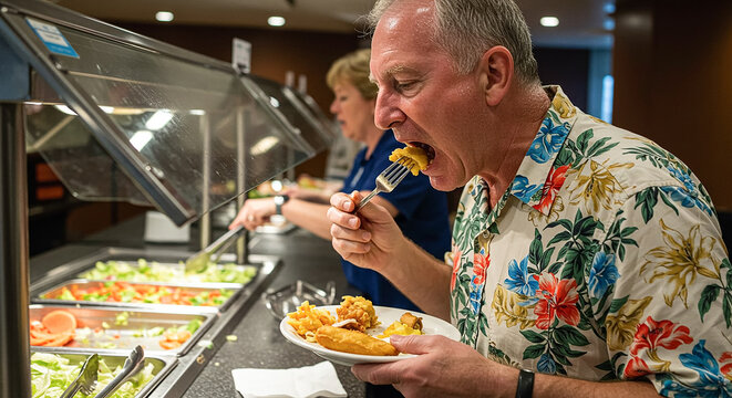 Tourist enjoying all-you-can-eat buffet in hotel restaurant