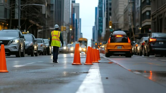 A city street partially blocked off with traffic cones, workers in hard hats and reflective vests ensuring safe construction practices in a high-traffic area.