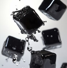 Five glossy black shilajit jelly cubes floating on a white background. Square jelly candies.