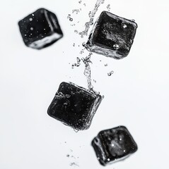 Dark gelatinous shilajit cubes in mid-air, high contrast with white backdrop.