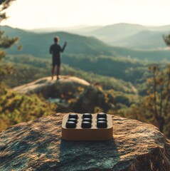A supplement box with dark capsules on a rock ledge, mountains and a hiker blurred in the background