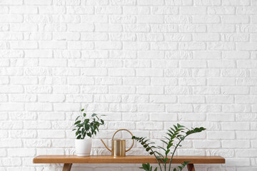 Wooden bench with watering can and plants near white brick wall