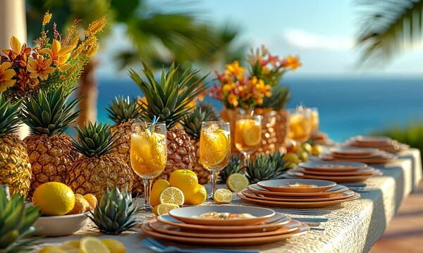 Vibrant tropical table setting with pineapple centerpieces and refreshing drinks by the ocean