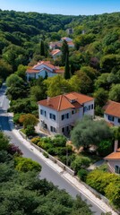 Suburban homes with terracotta roofs nestled within green foliage, surrounding by a road and dense trees during summer.
