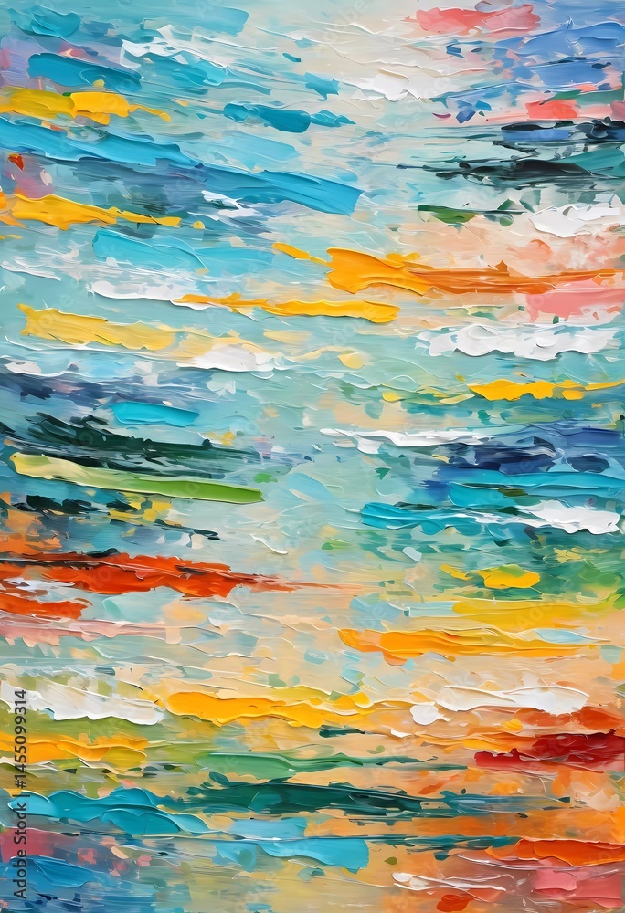 Poster Swirling strokes of blue, orange, and yellow dance across the canvas, evoking the peaceful yet dynamic essence of ocean waves at dusk, inviting contemplation and inspiration Generative AI