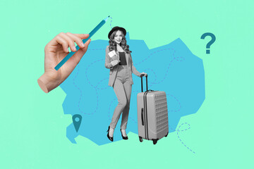 Full zine trendy photo collage of happy girl guy stand world map choose relocation continent icon...