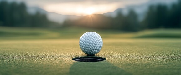 Golf ball in the hole at sunrise