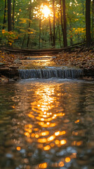Golden sunset illuminates a tranquil forest stream cascading over small rocks